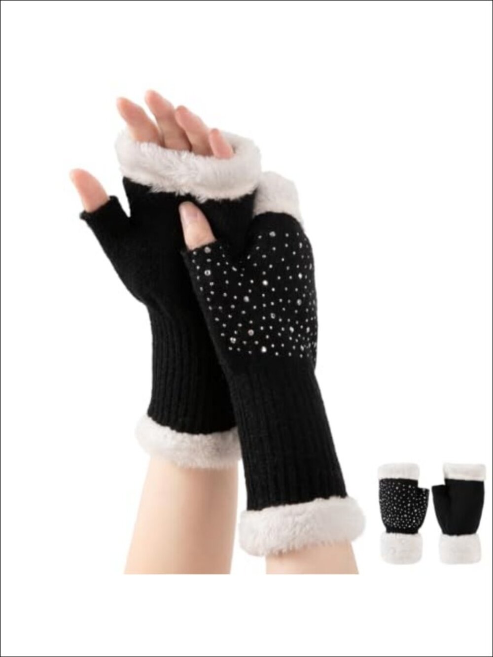 Wool Blend Fingerless Gloves Plush Lined Rhinestone Winter Mittens